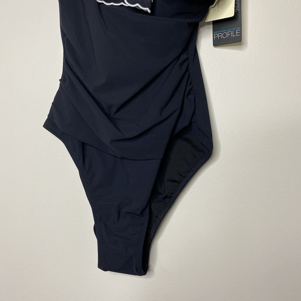 Profile By Gottex Sz 6 Ruffle Embroidered One Shoulder One Piece Black Swimsuit - Picture 7 of 16